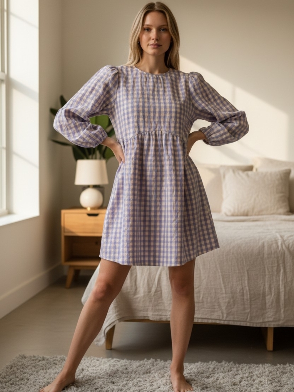 BiBi Lilac Gingham Puff-Sleeve Mini Dress